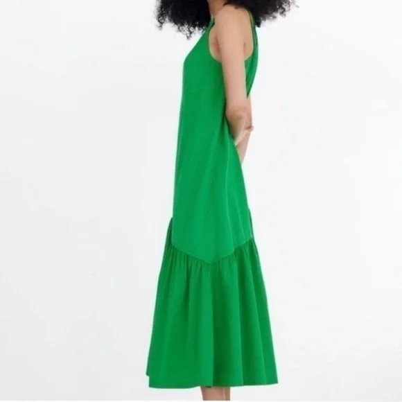 New Zara VIRAL Asymmetrical Tier Seam Cotton Tie Shoulder Kelly Green Dress - Picture 4 of 6